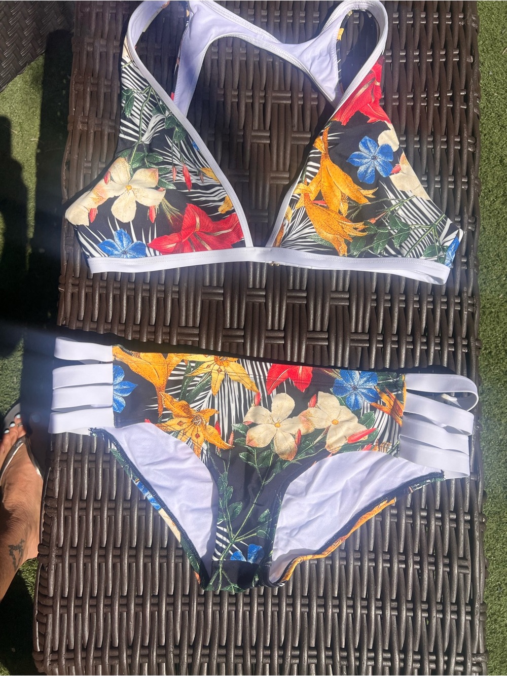 Floral Triangle Bikini Set in Black with Multicolor Blooms